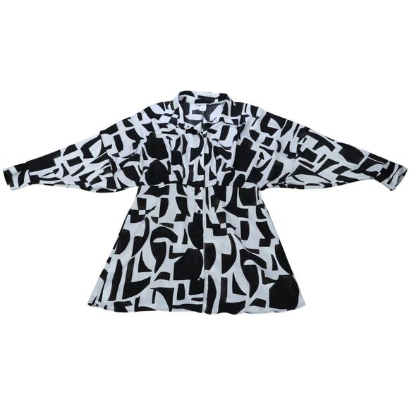 H&M Dresses & Skirts - H&M Satin Shirt Dress Black and Cream Off White Button Front Collared Geometric